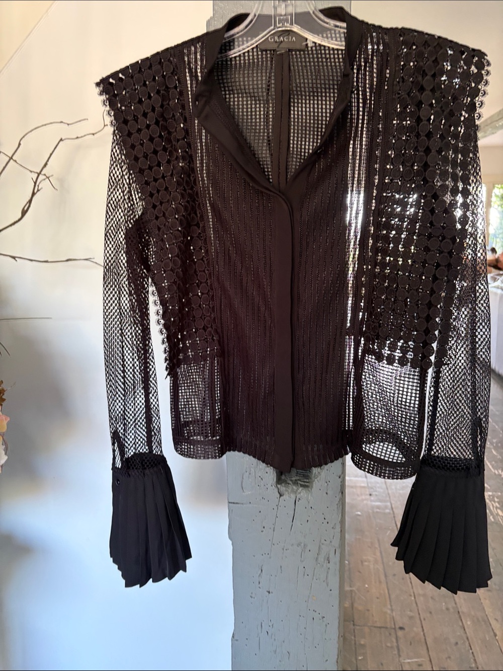 Gracia Black Sheer Mesh Blouse with Pleated Cuff Details just gorgeous